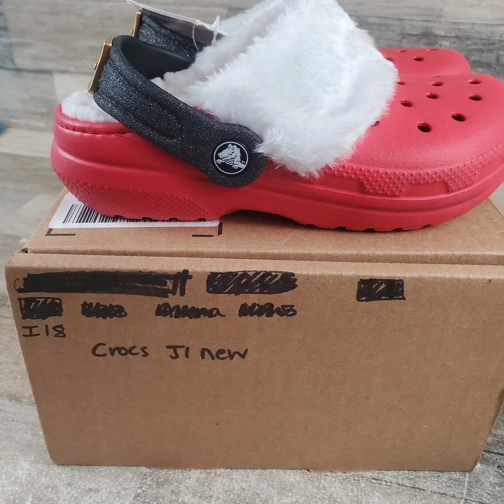 Crocs Classic Lined Santa Kids Clogs Sz 1 J1 Red Rubber Slip-On Slingback Shoes